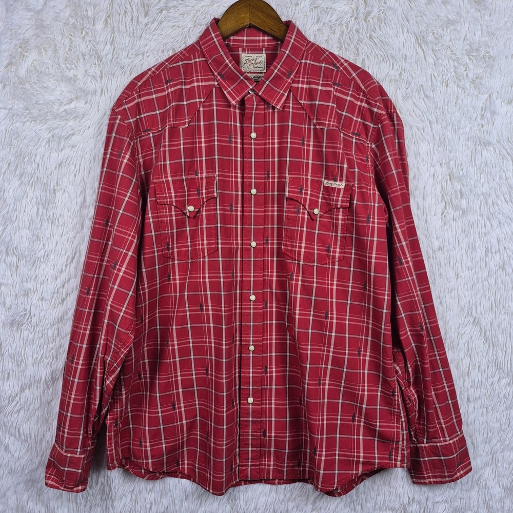 Lucky Brand Mens XXL Red Plaid Western Pearl Snap Long Sleeve Shirt Western Y2K
